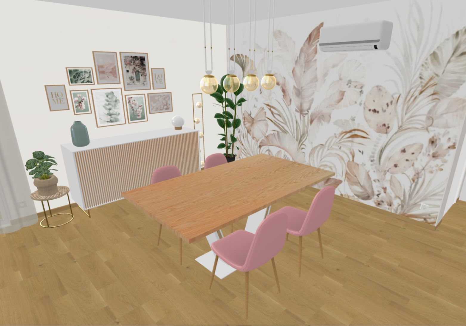 Modélisation 3D de la salle à manger avec papier peint tropical et chaises roses