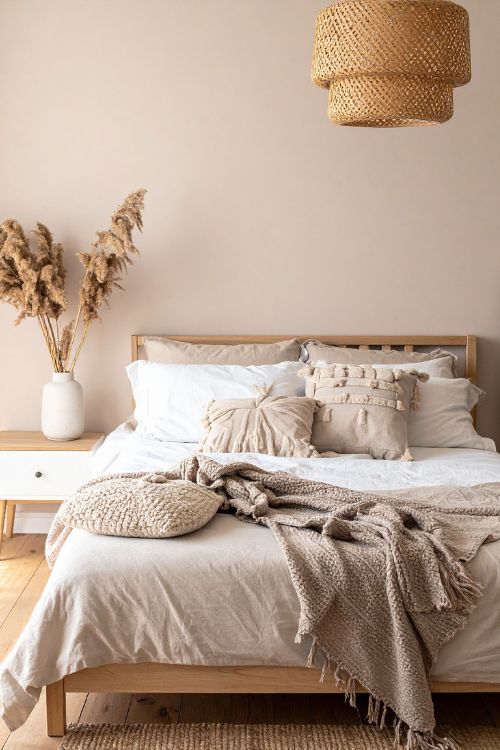 Chambre décorée dans des tons beiges apaisants, approche neuro-architecture