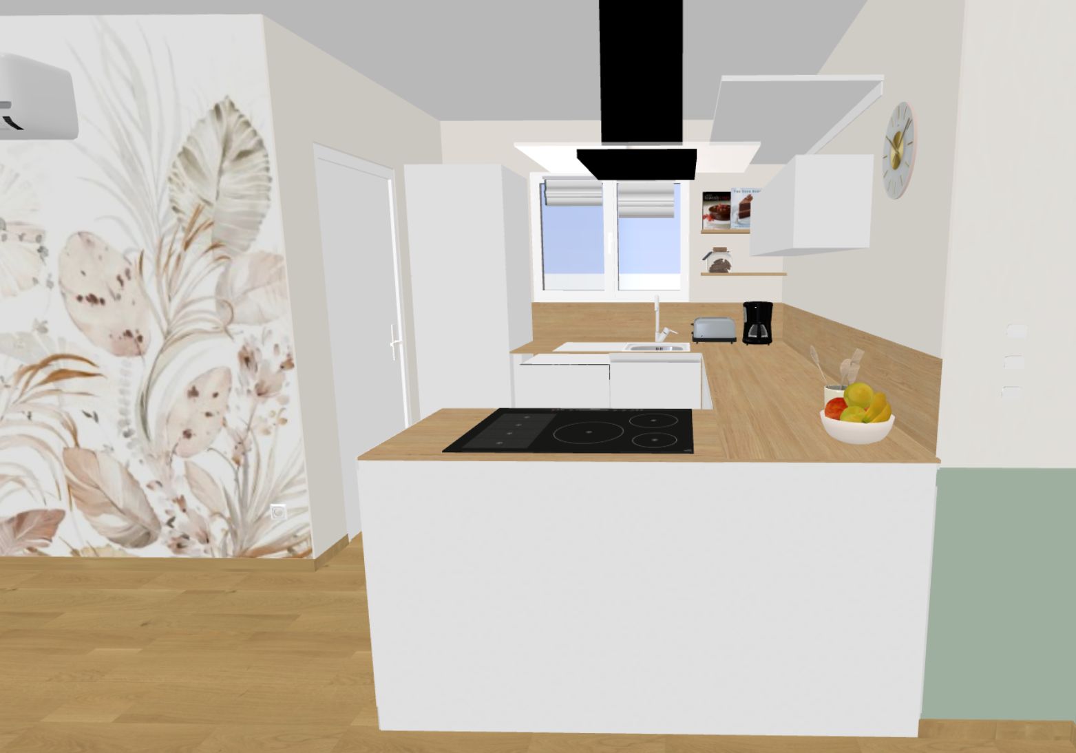 Modélisation 3D de la future cuisine blanche avec plan de travail en bois