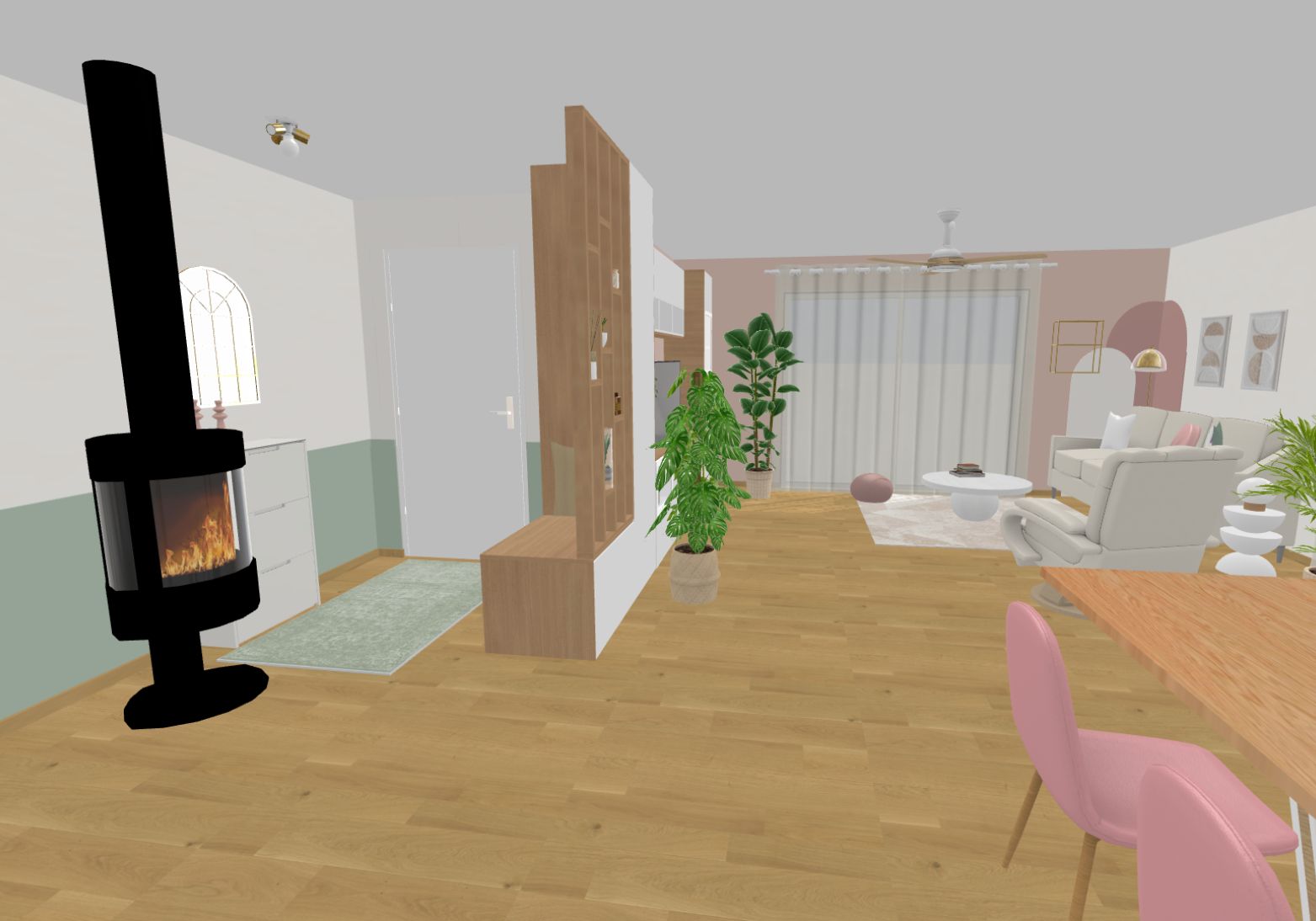 Modélisation 3D de l'entrée avec dressing, meuble à chaussures et claustra bois