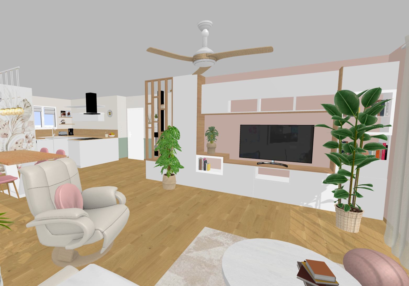 Modélisation 3D du salon avec meuble TV en bois et mur rose, projet Holistar